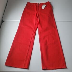 MNG Mango Jeans Womens 10 Red High Rise Wide Leg 100% Cotton Denim Leo Style